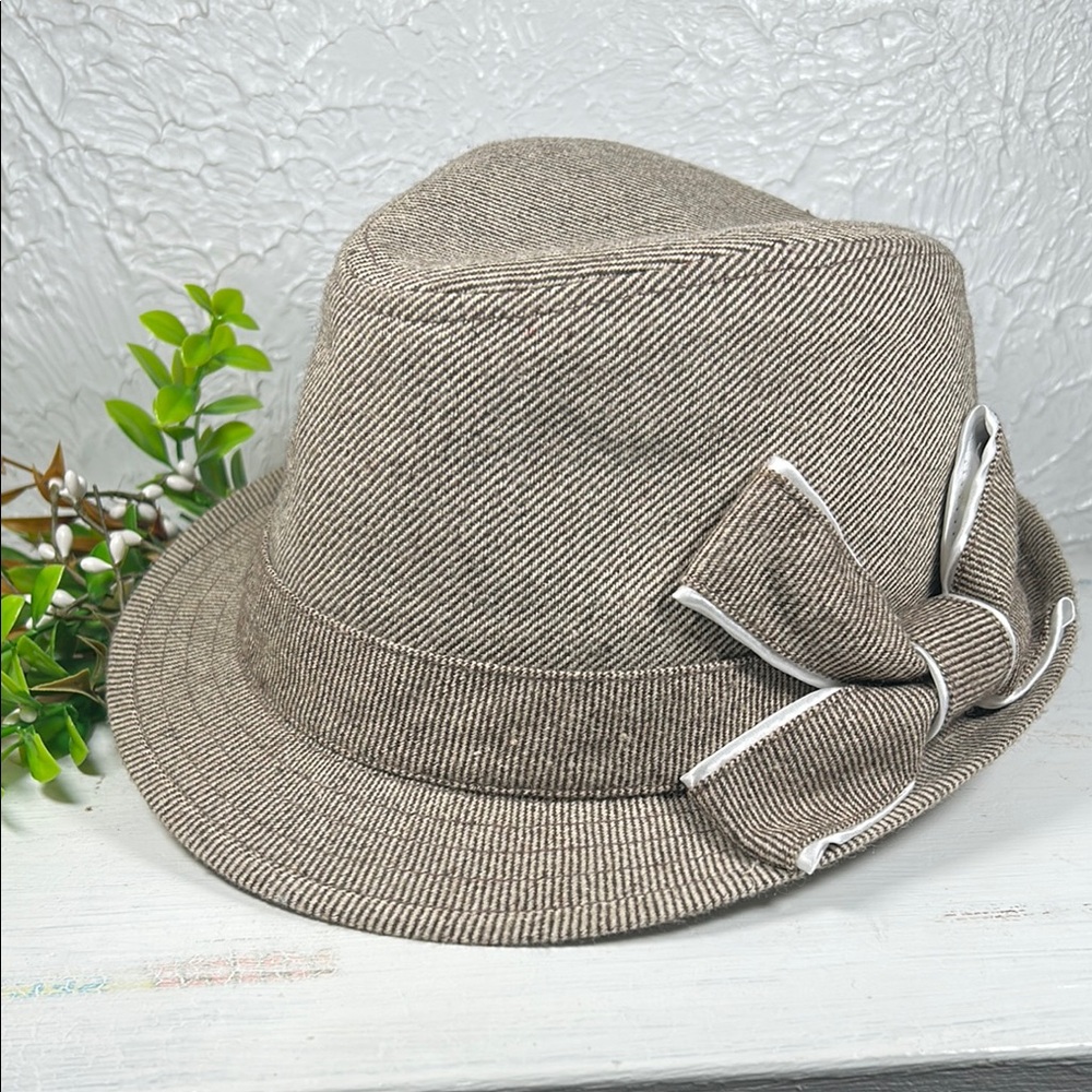 Brown Fedora Stylish Bow Accent Lightweight Tweed Pattern Fedora Hat NWOT - Picture 3 of 11